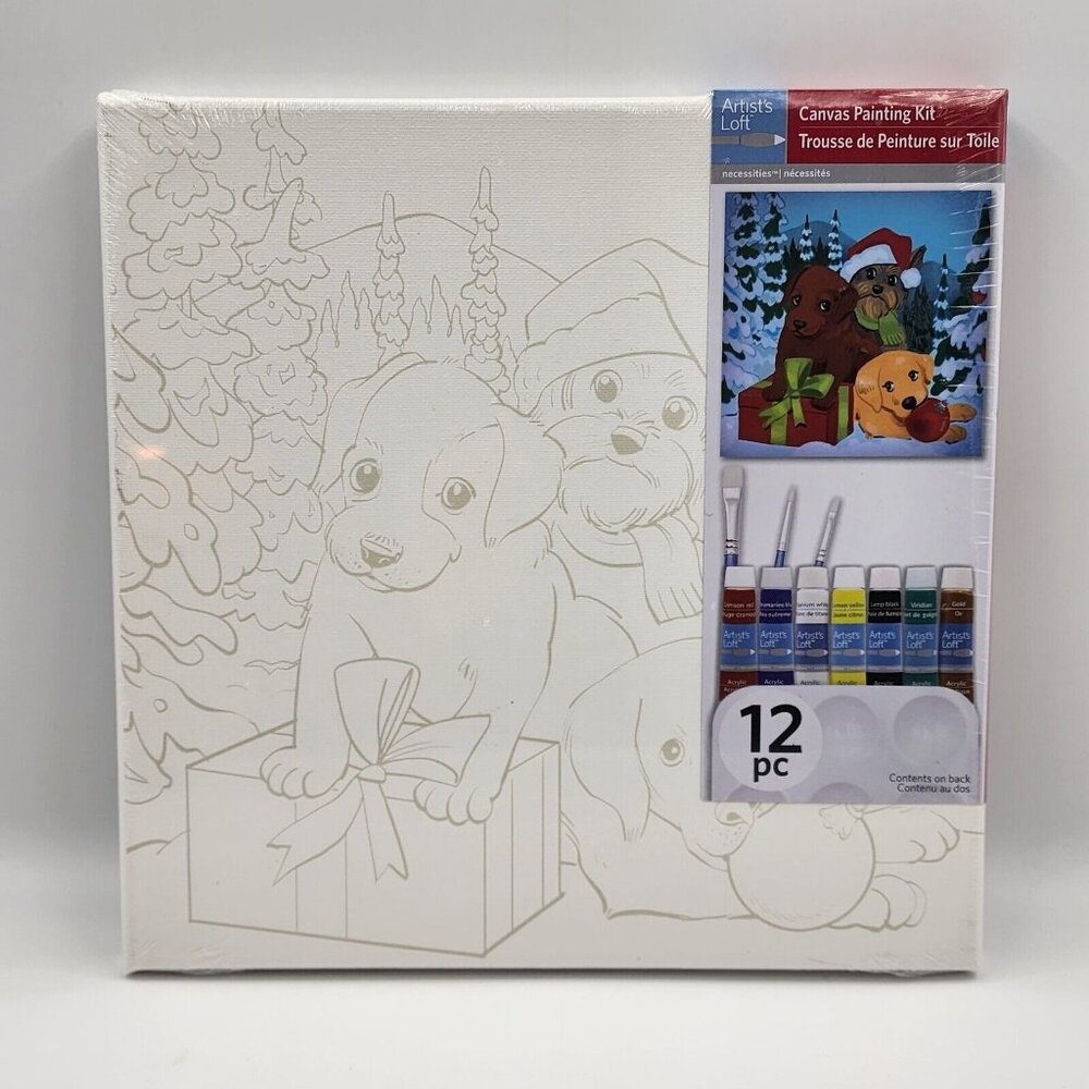 Artist's Loft Canvas Painting Kit Puppy Christmas 12 Piece Craft 11x11 Sealed